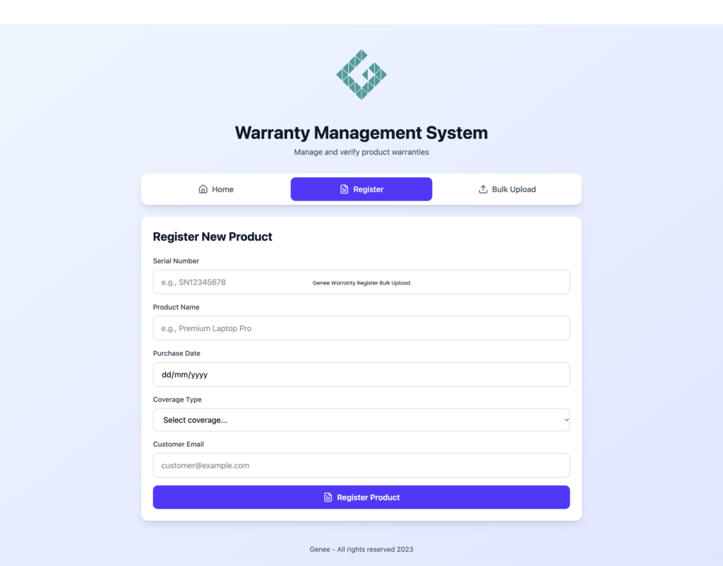 Genee Warranty Management System Register.png