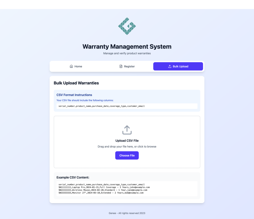 Genee Warranty Register Bulk Upload